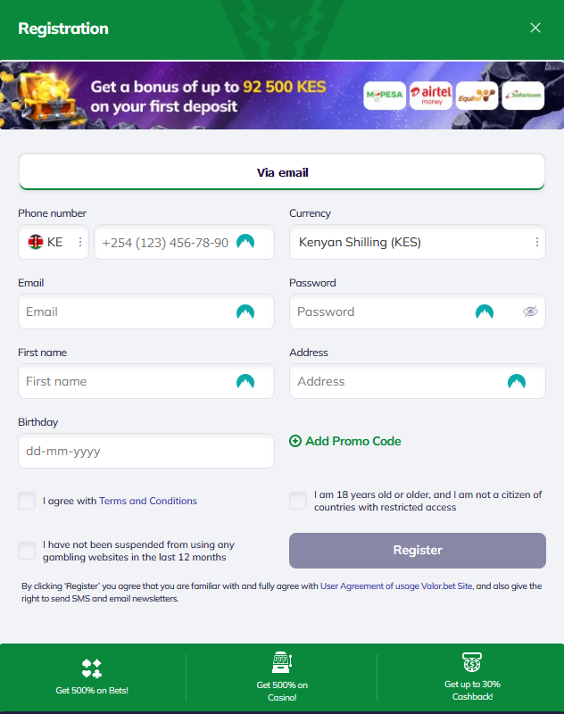 ValorBet register