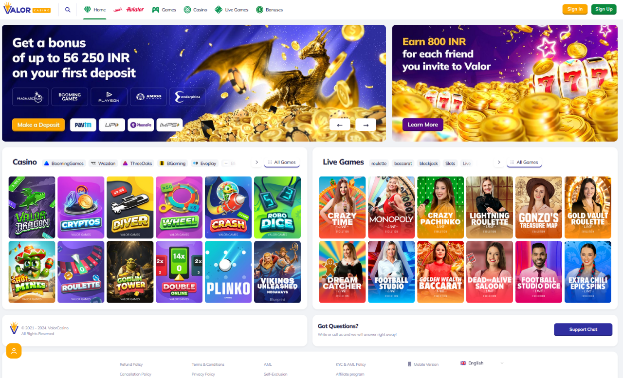 ValorBet Casino India Lobby