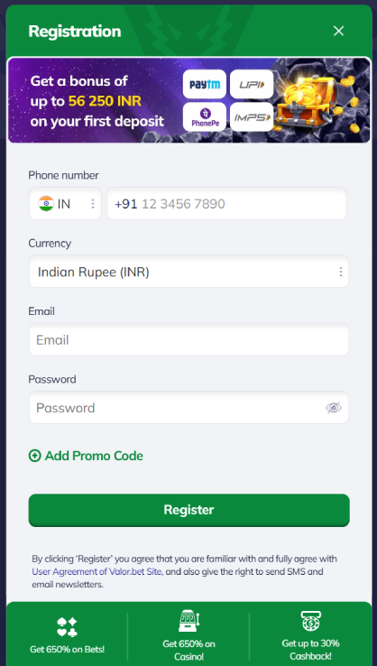 ValorBet registration